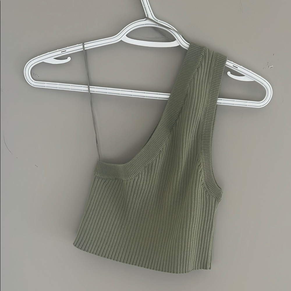 ZARA Green Asymmetrical Ribbed Crop Tank Top